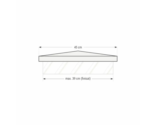 Desen tehnic cu dimensiuni: 45 centimetri lățime și maximum 39 centimetri adâncime