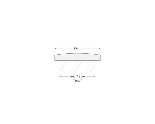 Desen tehnic al unui articol cu lățimea de 25 de centimetri și adâncimea maximă de 19 centimetri
