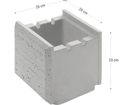 Jardinieră gri din beton cu dimensiunile de 20 pe 20 pe 20 de centimetri.