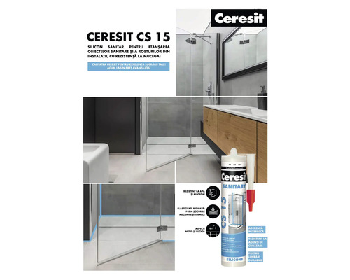 Silicon sanitar Ceresit CS 15 pentru etanșarea obiectelor sanitare și a rosturilor din instalații.