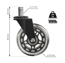 Rotiță scaun cu dimensiunile 95 mm înălțime și 75 mm diametru, capacitate portantă 250 kg