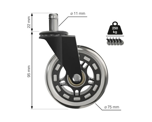 Rotiță scaun cu dimensiunile 95 mm înălțime și 75 mm diametru, capacitate portantă 250 kg