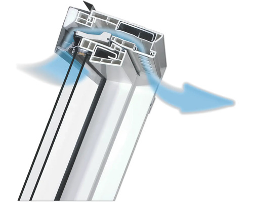 Secțiune transversală a unei ferestre albe din plastic cu sistem de ventilație