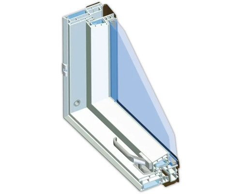 Secțiune transversală a unei ferestre din plastic cu mâner și mecanism de blocare