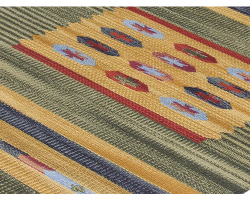 Vizualizare detaliată a unui covor cu dungi și modele geometrice