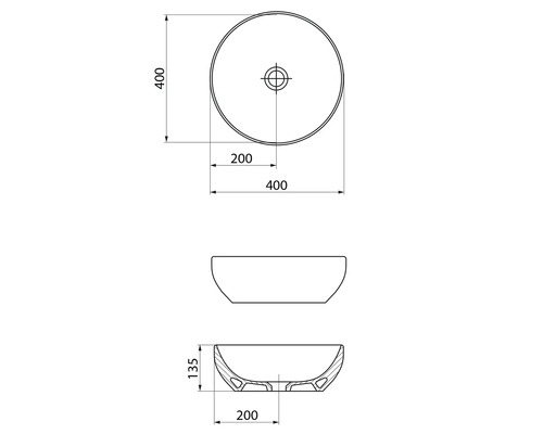 Desen tehnic al unei chiuvete rotunde de blat cu dimensiuni