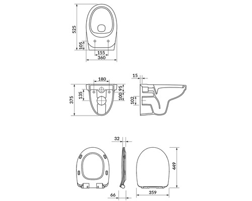 Desen tehnic al unui WC suspendat cu dimensiunile corespunzătoare.