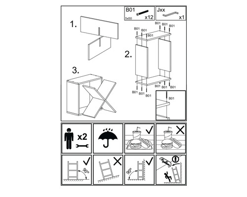 Instrucțiuni de montaj pentru mobilă cu reprezentări grafice și simboluri
