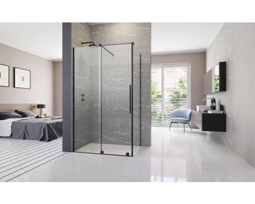 Baie cu cabină de duș walk-in, chiuvetă și pat