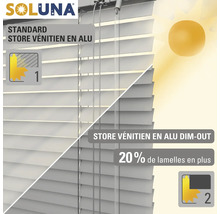 Siglă Soluna, comparație între jaluzea standard din aluminiu și jaluzea opacă din aluminiu.