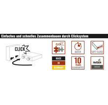 Asamblare ușoară prin sistemul de clic, fabricat în Germania, garanție 10 ani, logo Hettich