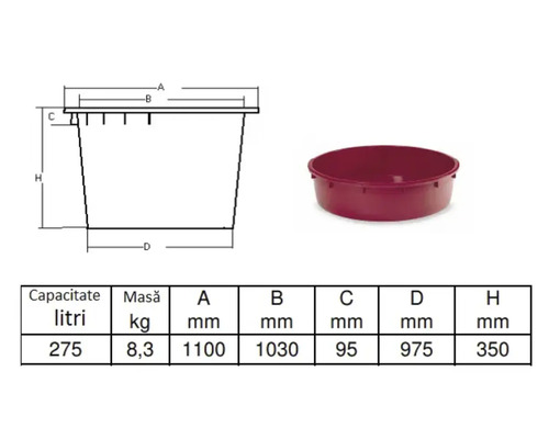 Imagine cu un recipient pentru mortar de 275 litri cu dimensiuni indicate.