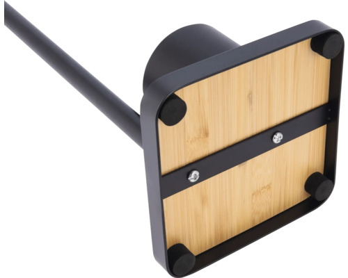 Vedere de jos a unui suport de hârtie igienică din bambus cu cadru metalic negru