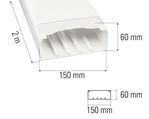 Imagine a unei canale de cablu cu dimensiunile de 2 metri lungime, 150 milimetri lățime și 60 milimetri înălțime.