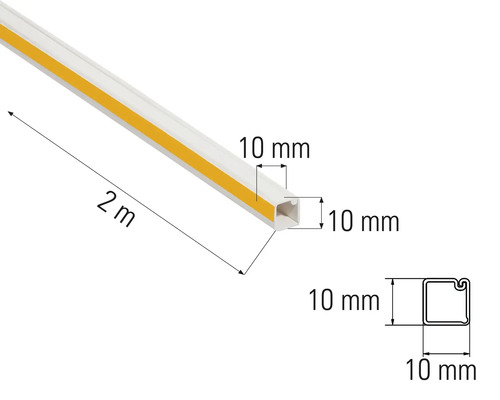 Canal de cablu lung de doi metri cu dimensiunile de zece ori zece milimetri.