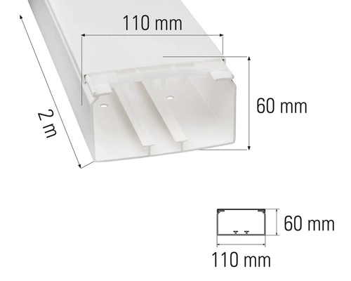 Canal de instalații din plastic, lungime 2 metri, lățime 110 milimetri și înălțime 60 milimetri