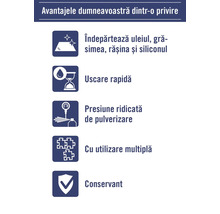 Avantajele dintr-o privire: îndepărtează uleiul, grăsimea, rășina și siliconul, uscare rapidă, presiune ridicată de pulverizare, cu utilizare multiplă, conservant