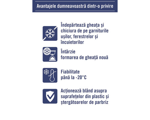 Avantajele dumneavoastră dintr-o privire: Îndepărtează gheața și chiciura de pe garniturile ușilor, ferestrelor și încuietorilor, întârzie formarea de gheață nouă, fiabilitate până la minus 20 grade Celsius, acționează blând asupra suprafețelor din...
