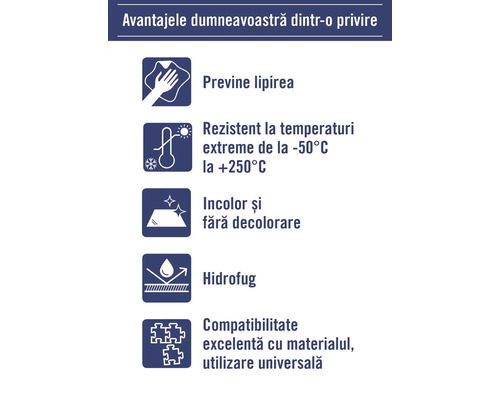 Avantaje dintr-o privire: previne lipirea, rezistent la temperaturi extreme de la minus 50 grade la plus 250 grade, incolor și fără decolorare, hidrofug, compatibilitate excelentă cu materialul, utilizare universală