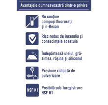 Avantajele produsului dintr-o privire: nu conține compuși fluorurați și n-hexan, risc redus de incendiu, îndepărtează uleiul, grăsimea, rășina și siliconul, presiune ridicată de pulverizare, înregistrare NSF K1 sau NSF H1 posibilă
