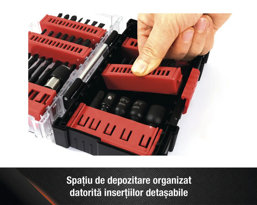 Cutie de scule deschisă cu set de biți și chei tubulare