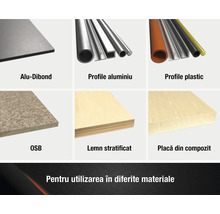 Selecție de diferite materiale: panouri compozite din aluminiu, profile din aluminiu, profile din plastic, plăci OSB, lemn stratificat și plăci compozite