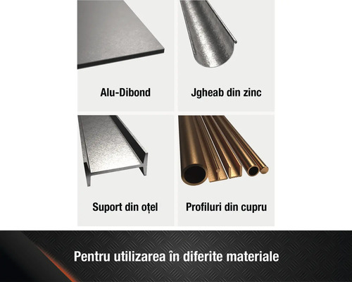 Selecție de materiale: placă compozită din aluminiu, jgheab din zinc, suport din oțel și profile din cupru.