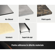 Prezentare generală a diferitelor materiale de construcție: placă compozită din aluminiu, beton, piatră spartă, scândură de lemn și grinzi din oțel