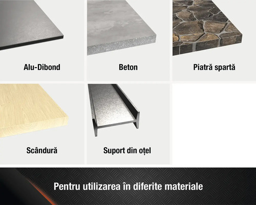 Prezentare generală a diferitelor materiale de construcție: placă compozită din aluminiu, beton, piatră spartă, scândură de lemn și grinzi din oțel