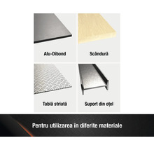 Selecție de materiale diferite: placă compozită din aluminiu, scândură din lemn, tablă striată, suport din oțel