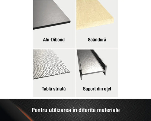 Selecție de materiale diferite: placă compozită din aluminiu, scândură din lemn, tablă striată, suport din oțel
