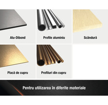 Diverse materiale: placă compozită din aluminiu, profile din aluminiu, scândură din lemn, placă din cupru, profile din cupru.
