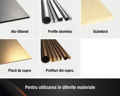 Diverse materiale: placă compozită din aluminiu, profile din aluminiu, scândură din lemn, placă din cupru, profile din cupru.
