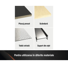 Imagine cu diverse materiale: placaj presat, scândură, tablă striată și suport din oțel