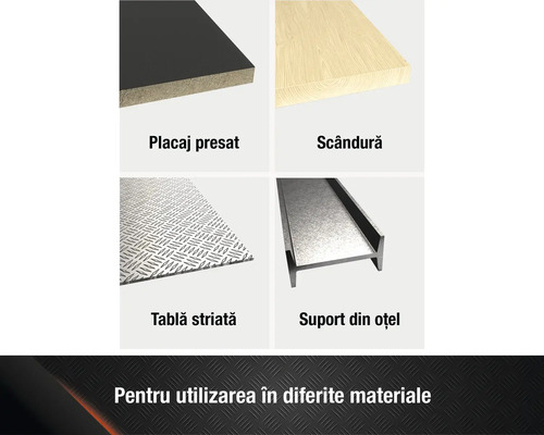 Imagine cu diverse materiale: placaj presat, scândură, tablă striată și suport din oțel