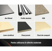 Ilustrație cu diferite materiale: panouri compozite din aluminiu, profile din aluminiu, plăci OSB, placaj, plăci presate, plăci compozite