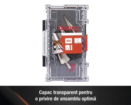 Set de scule Ratcliffe cu burghie conice în cutie transparentă