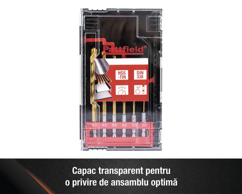 Set burghie metal Pattfield HSS-TiN cu diferite dimensiuni în cutie transparentă