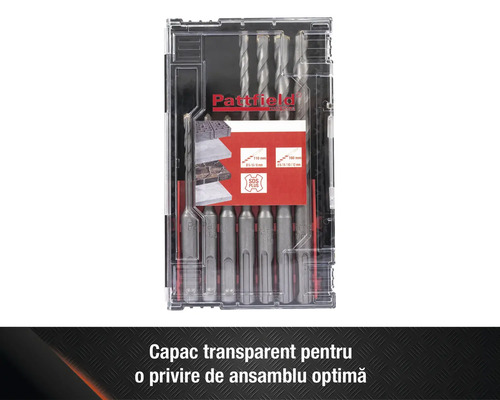 Set de burghie Pattfield cu prindere SDS Plus în ambalaj transparent.