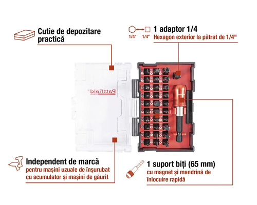 Set de biți cu cutie de depozitare, adaptor și suport pentru biți