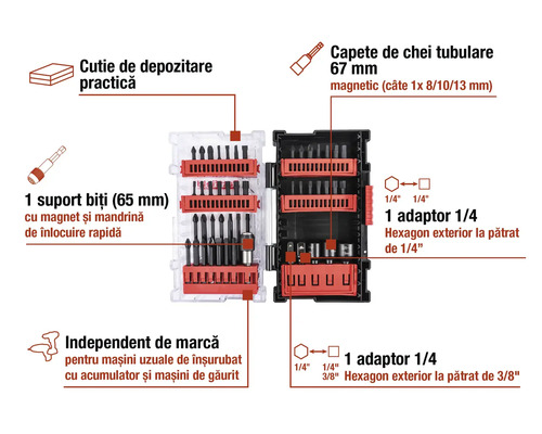 Set de burghie și biți cu suport magnetic pentru biți, chei tubulare și adaptoare