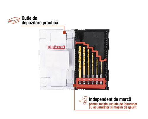 Set de burghie de diferite dimensiuni în cutie de depozitare