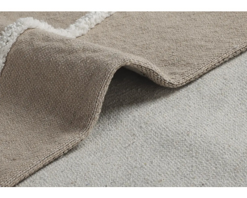 Imagine detaliată a unui covor bej cu margine cu fibre lungi