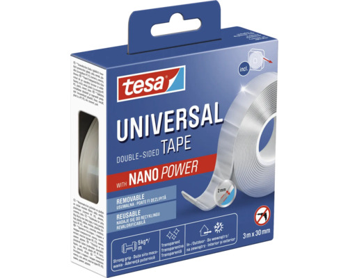 Bandă dublu adezivă universală Tesa cu nanotehnologie, 3 metri x 30 milimetri