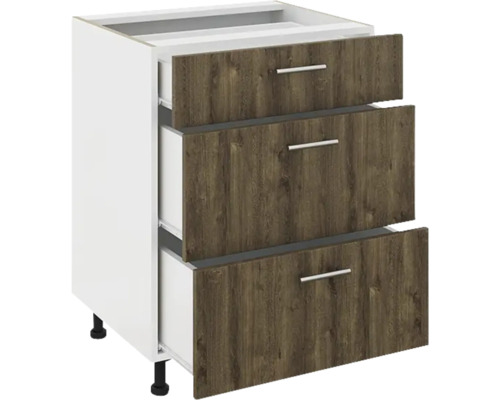 Corp inferior de bucătărie cu trei sertare cu decor de lemn