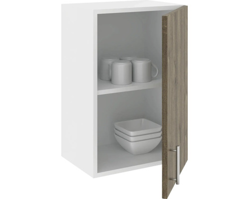 Dulap de bucătărie cu rafturi, căni și boluri