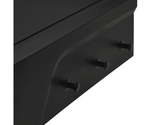 Prim-plan cu o piesă de mobilier neagră cu un suport pentru haine