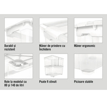 Detalii ale unei cutii de depozitare transparente cu mâner robust, role și funcție de stivuire