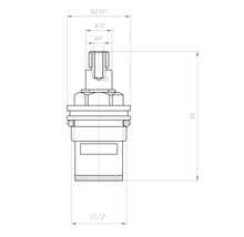 "Desen tehnic al unui cartuș cu dimensiunile M24x1, diametru 10, M4 și G1/2"""