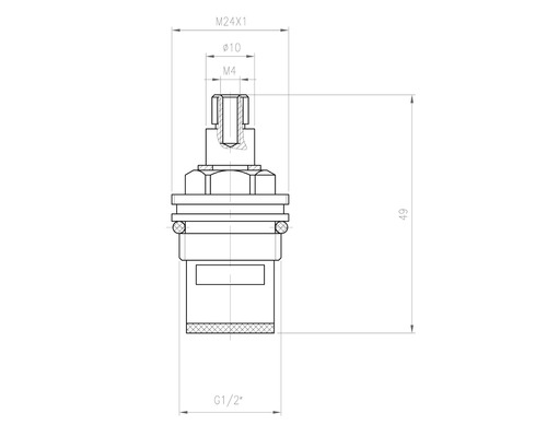 "Desen tehnic al unui cartuș cu dimensiunile M24x1, diametru 10, M4 și G1/2"""